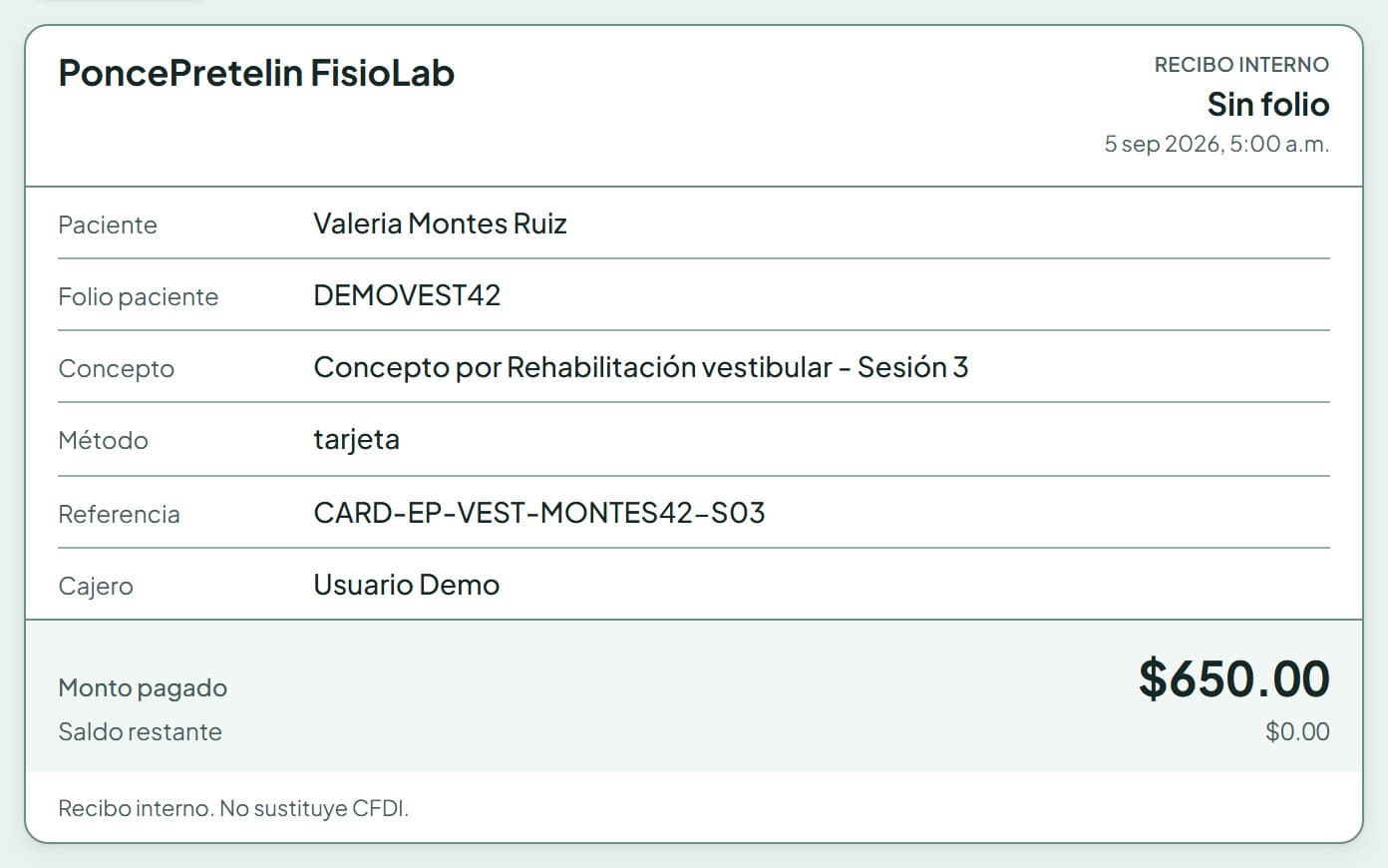 Recibo interno de la demo con botón Enviar por WhatsApp